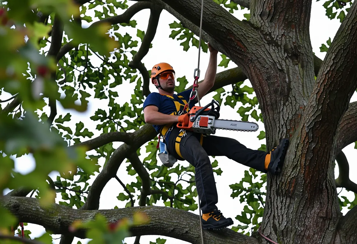 A Shannonside arborist roped into the canopy of a large mature oak tree