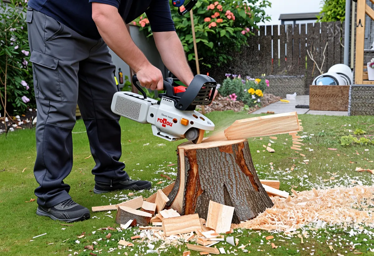 A stump grinder removing a large tree stump in a back garden