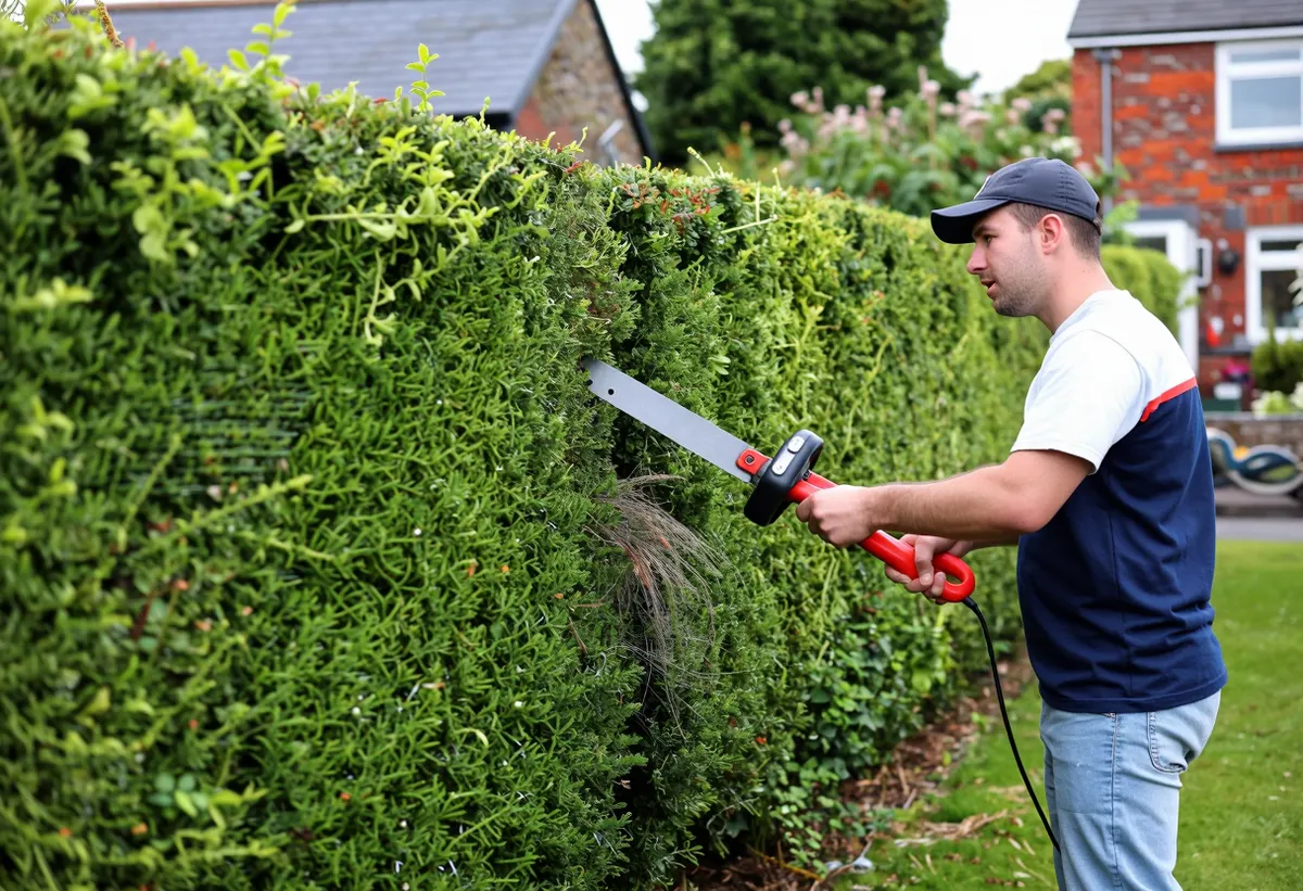 A gardener trimming a long garden hedge with a petrol hedge cutter