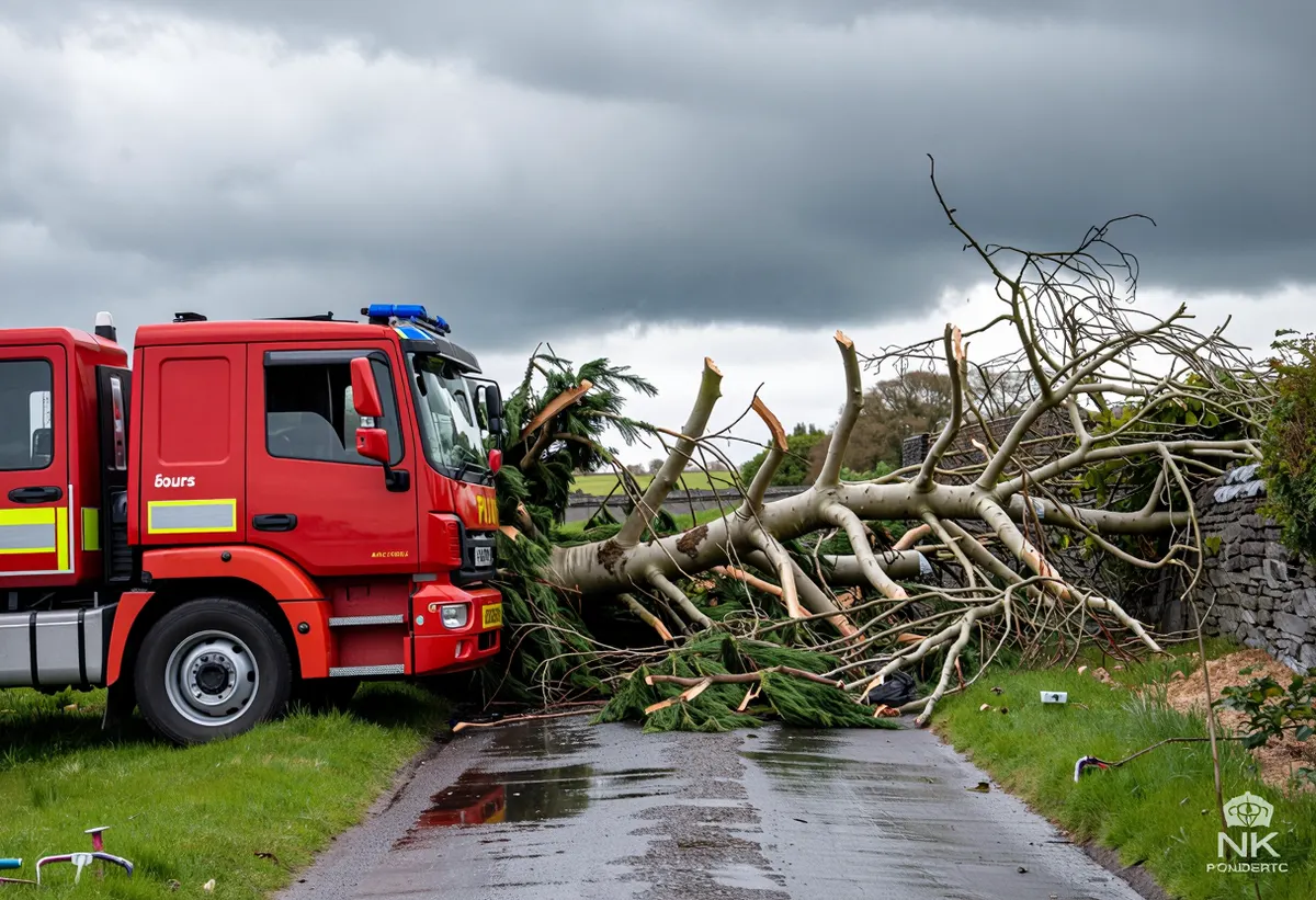 A storm damaged tree fallen across a rural driveway