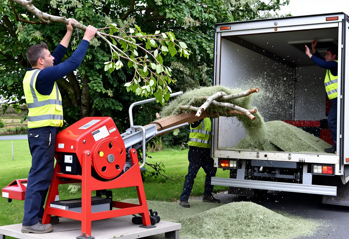 Tree surgeons feeding branches into a wood chipper
