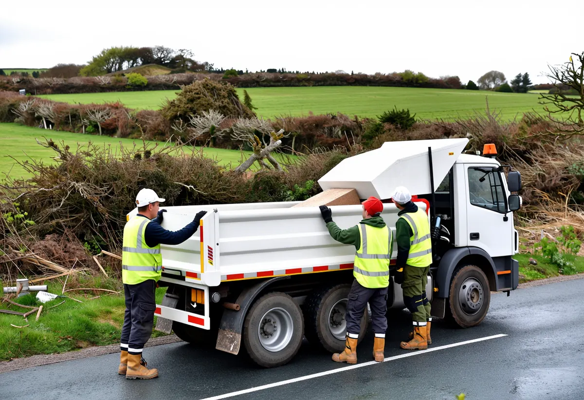 The Shannonside Tree Care crew with their tipper truck and wood chipper on a country road in County Limerick