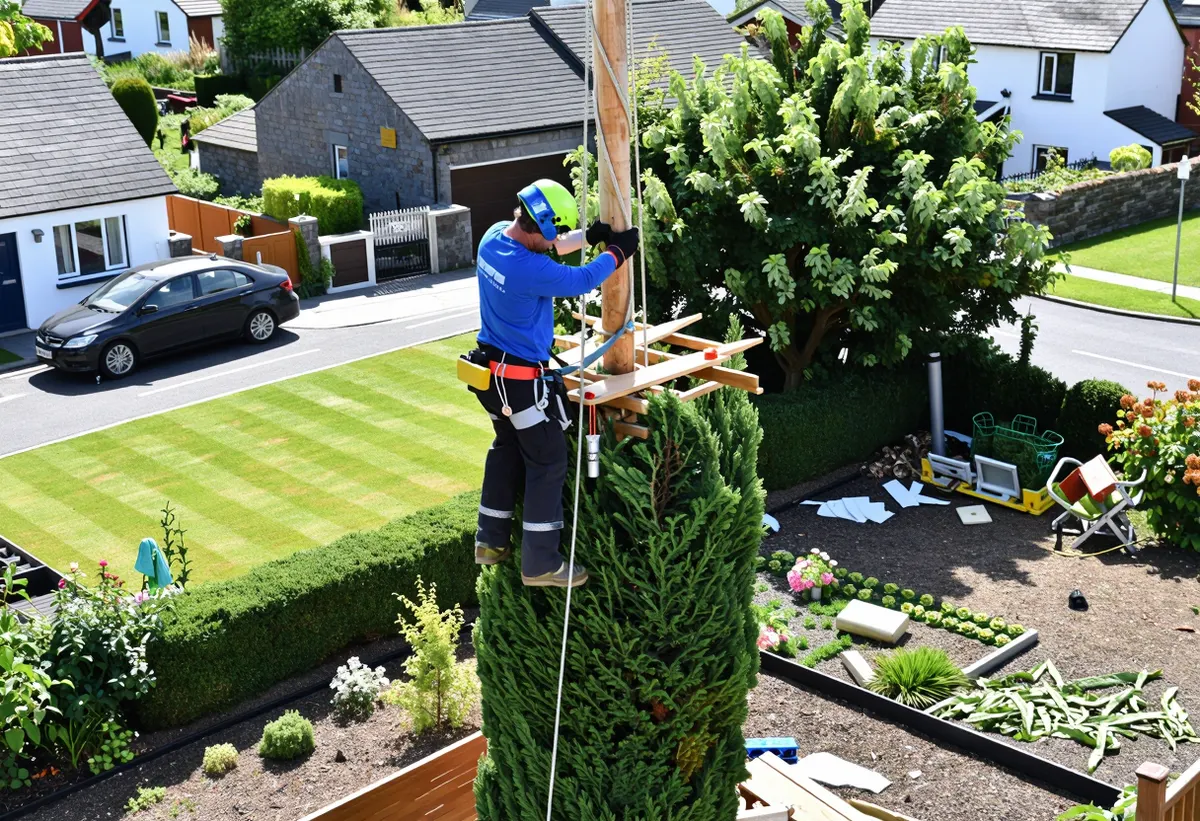 A tall leylandii conifer being dismantled section by section by a roped arborist